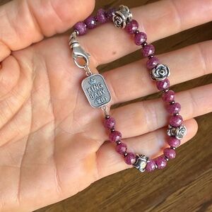 King Baby Ruby Beaded Bracelet with Silver Rose Accents